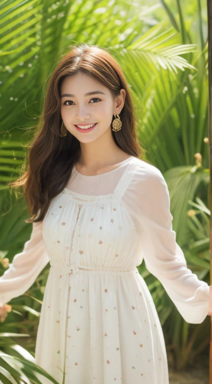 1 girl, hairpin, earrings, jewelry, brown hair, looking at the audience, lips, playful, Sit in front of the artboard, , thigh, whole body, In the sea of flowers or on the beach, She wore a long white dress, Slightly sideways, Hands stroke long hair, gentle eyes, Smile, As if enjoying the beauty of nature, Such photos will definitely make people feel her beautiful and innocent aura. The tone of the photo can be predominantly natural, Bright and soft, Makes people feel warm、peaceful. It seems to dance with its surroundings. Her breath is full of life and vitality, as if her whole body is venting the energy of youth. The whole picture becomes vivid because of her presence, Make people feel endless joy and vitality.