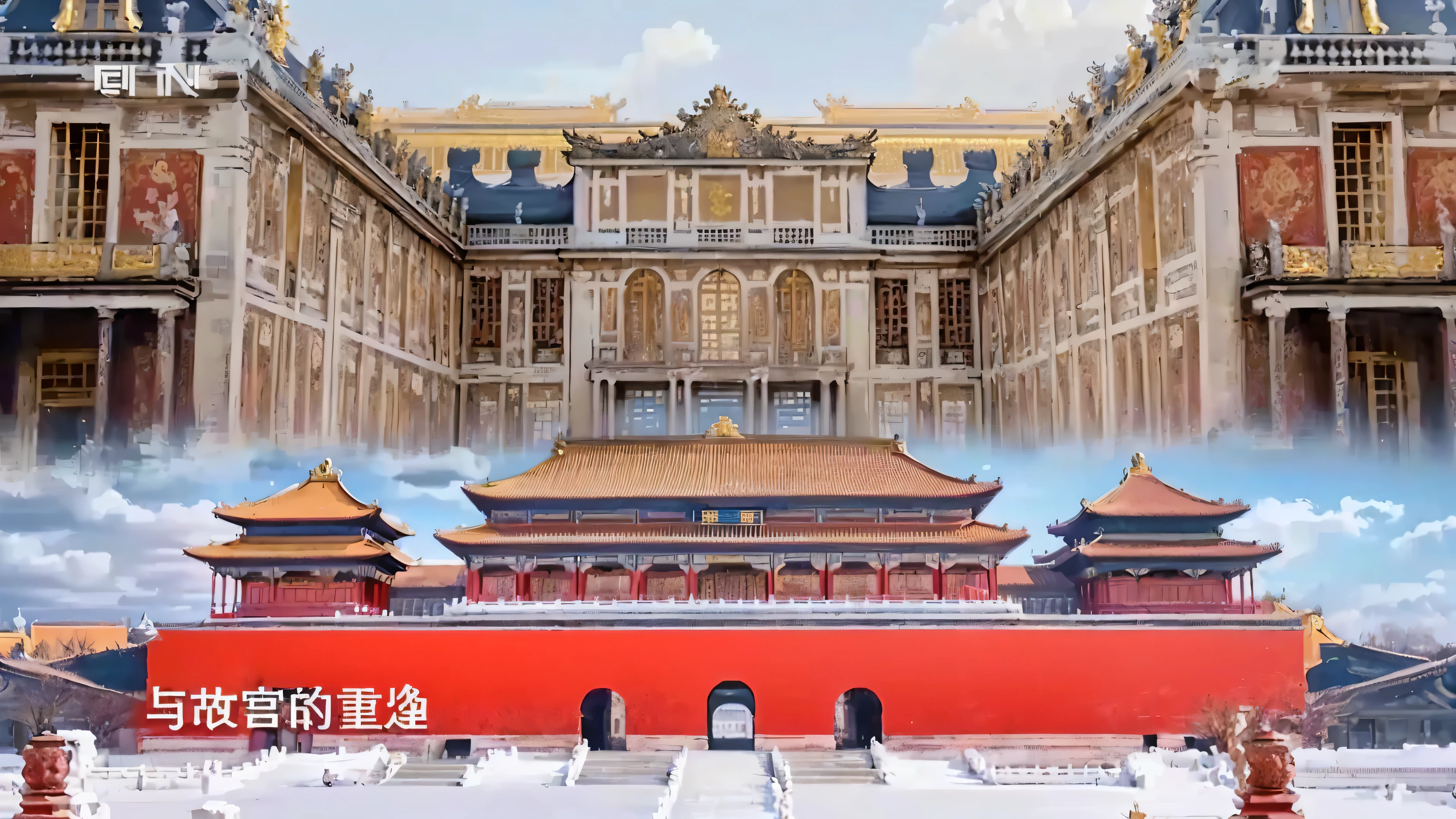 Visual Art Works，It cleverly combines elements of China&#39;s Forbidden City and France&#39;s Palace of Versailles。The top half of the image shows the intricate and grandiose architecture of the Palace of Versailles，The golden details and the Baroque style are particularly prominent。The lower part shows the iconic red walls and golden roof.，The royal building symbolizing China。The two architectural styles contrast sharply at the fusion line in the image.，But it also constitutes a whole。The partly cloudy sky in the background of the image provides a neutral backdrop for the architectural details.，This image is a symbol of the intersection of Eastern and Western cultures，Showing the unique charm of architectural styles in different cultural backgrounds16:9，