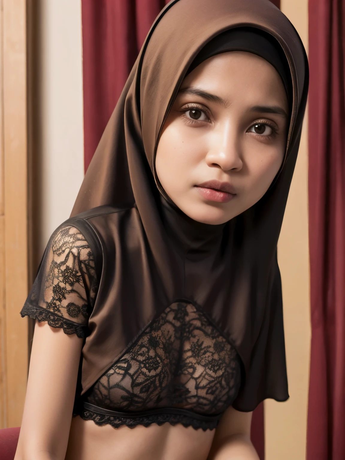Very Thin body (Wearing Bra Lingerie), (((HIJAB MALAY GIRL))), masutepiece, High quality, UHD 32K, Realistic face, Realistic skin feeling , A Malay Lady, , , Very cute and baby-like face, (((FLAT CHEST))), (MATRIX WORLD), ((look In front at the camera and SADNESS)), ((())), (((CUTE GIRL))), ((BROWN LIPS)), ((BROWN)), (undress). WEAR BRA LINGERIE, green, red, yellow, lace