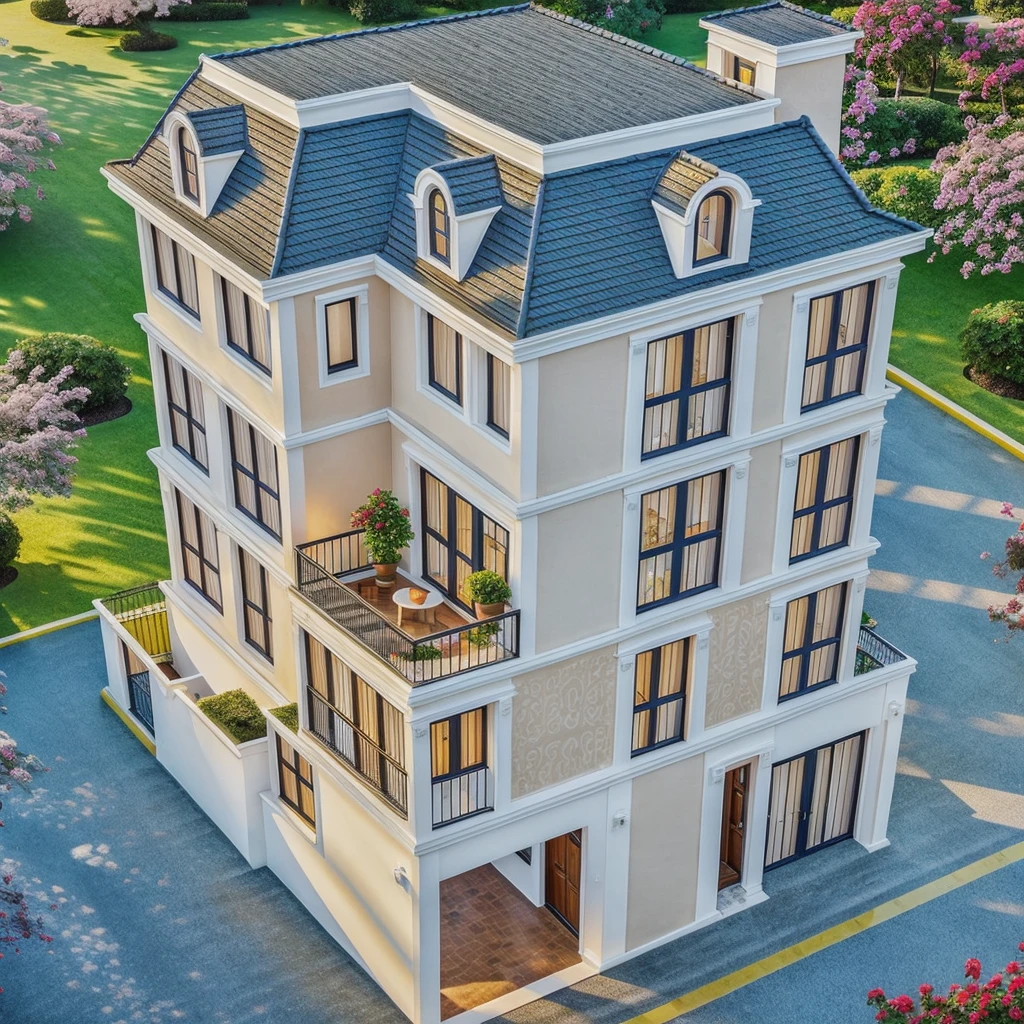 (1neoclassic house, The town house is made from white walls and some walls are painted bright blue)), beautyful light, beautyfulday, sunny, Many red bougainvilleas along the road:1.3, lovely youthful feeling :1.2, sunlight at 12 noon, Very beautiful shadows