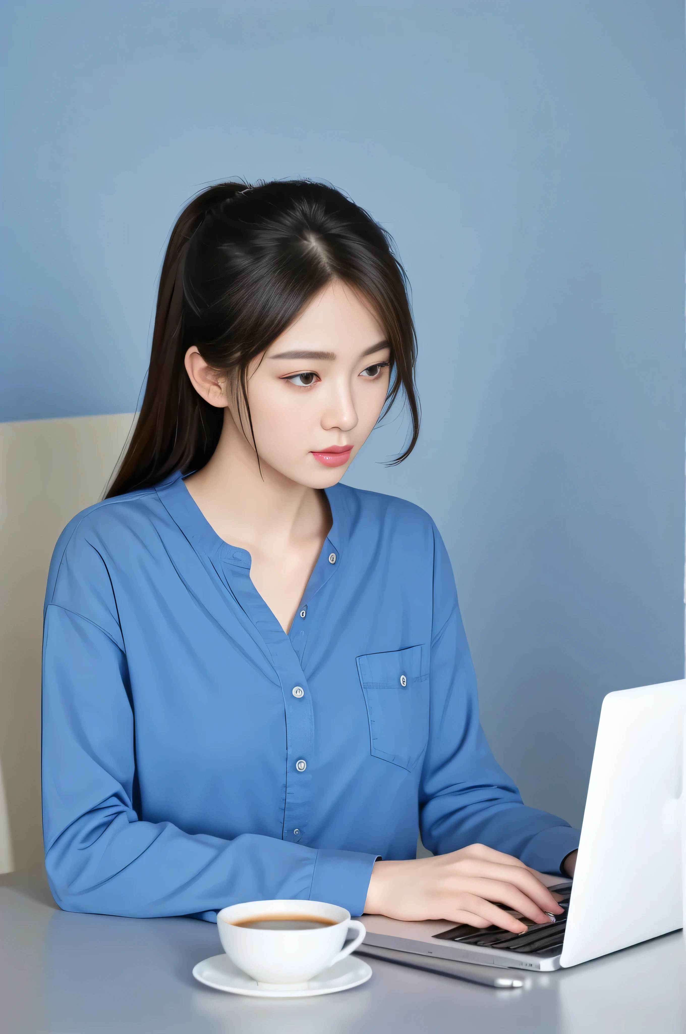 ((masterpiece)), (best quality), (Super detailed), ((Very detailed)), 4K, (8K), 1 Sexy Girl，young，Working，There is a cup of coffee on the desk，Hands on MacBook Air，Background is light blue wall，Hair behind shoulders