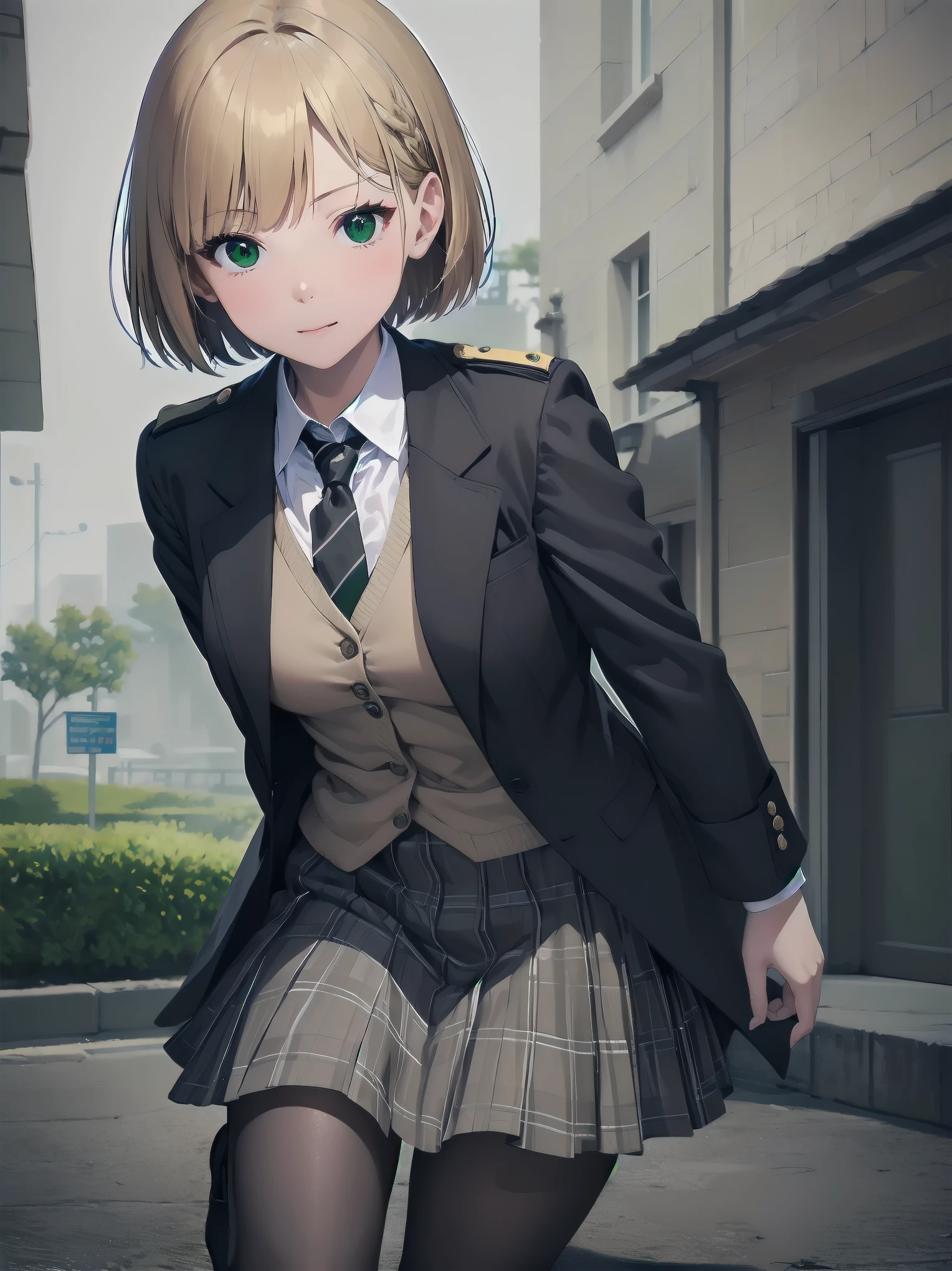 Top-High quality、Highest image quality、masterpiece、high contrast、Elegant、erotic expression、high school girl、blonde、Bob cut braids、uniform、(brown blazer)、ribbon tie、(Green and gray plaid skirt)、(black tights)、cinematic lighting、fine shading、cute、Truly unbelievably cute absurd、outside、outside苑
