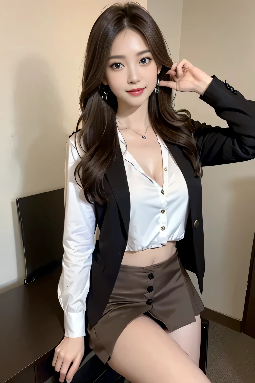 ((realistic lighting、top quality、8 thousand、masterpiece:1.3))、clear focus:1.2、girl、perfect body:1.4、slim abs:1.1、((dark brown hair、big:1.3))、(Acceleration:1.4)、distance、tall:1.3、(slim face、narrow eyes:1.2)、break、double eyelid、Swaying hair、exposed cleavage、((White button-up long shirt:1.1、no bra)、black office uniform jacket、mini skirt、earring,high heel)、necklace、belly button discharge、((skinny thighs))、invincible smile、looking at the camera、