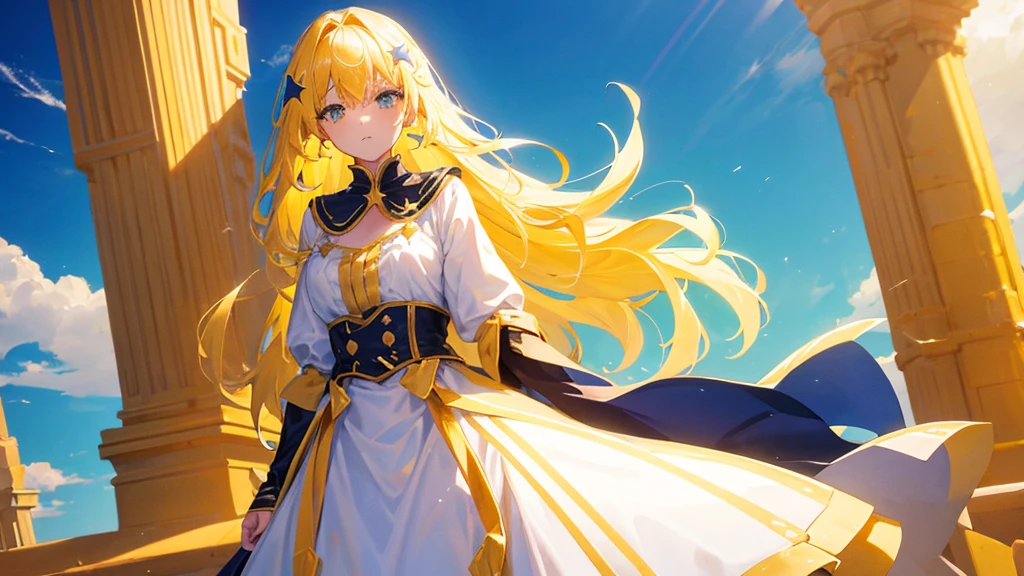 beautiful girl, yellow hair, star clip, long hair, yellow royal clothes, start sky, 8k resolution, sky