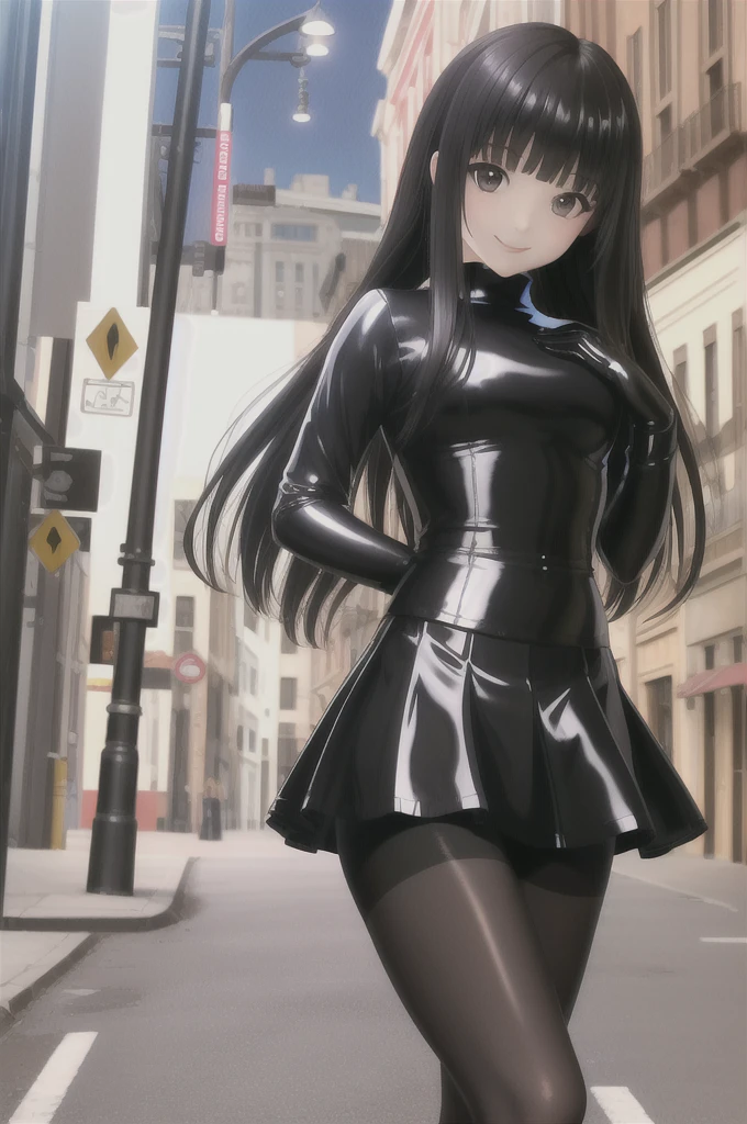 High resolution, masterpiece, perfect lighting, bloom, cinematic lighting, adult, perfect skin, woman, looking at the viewer, street, glamor shot, (RSE Emma:1.5),(Shiny black latex tights and latex skirt:1.3), parted bangs, (black hair), very long hair, long hair, smile