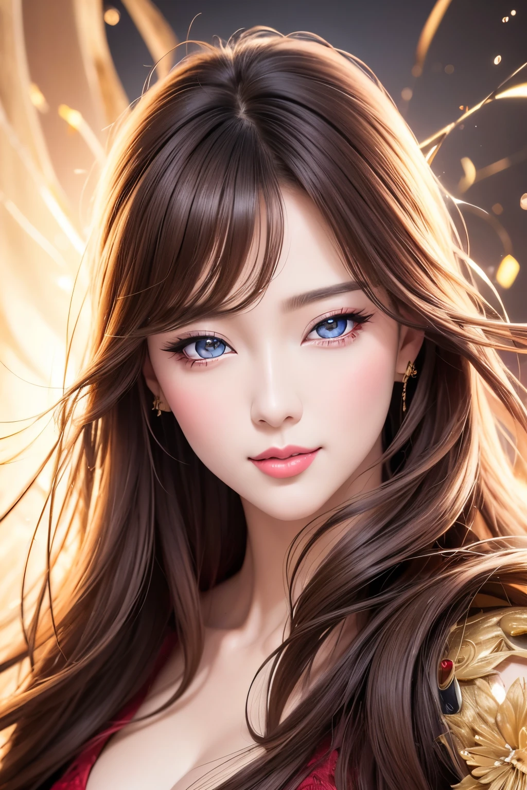 best quality, super fine, 16k, RAW photo, photorealistic, incredibly absurdres, extremely detailed, delicate, flashy and dynamic depiction, beautiful woman like Reiji Matsumoto draws, intelligent cool beauty, excited look, glossy light brown hair, beautiful bright sharp eyes, glossy red lips, wearing black elegant fur dress, superlative body proportion, background simple portrait