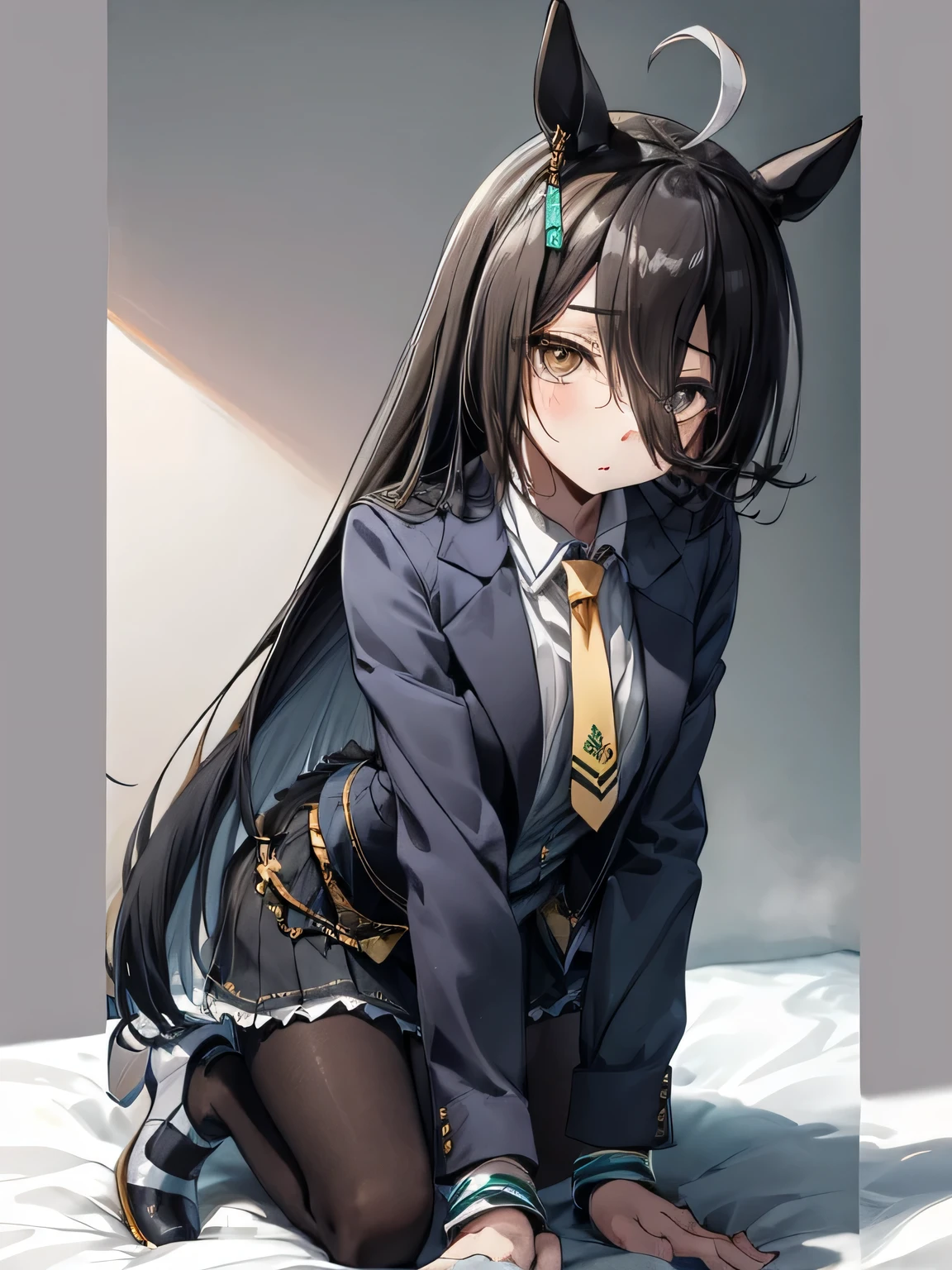 UHD, masterpiece, textured skin, super detail, high details, high quality, award winning, best quality, highres,NSFW,manhattan cafe,manhattan cafe(racing wear),Uma Musume,horse ears,hair_between_eye,black pantyhose,length_hair, black_hair, black Gloves,yellow_eye,Ahoge,tie,black_Jacket,skirt,black_footwear,all-fours、s ass、facing back,on the bed