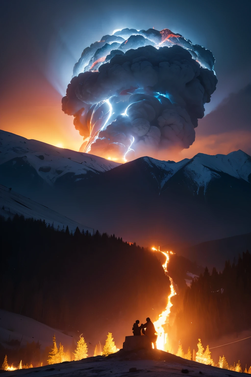 God descended on the top of the mountain and the people knelt at the foot of the mountain. Epic biblical description, Standing in the vortex,There is fire and storm behind him, Bible illustrations, agitation, The Most High God, Prophecy Art