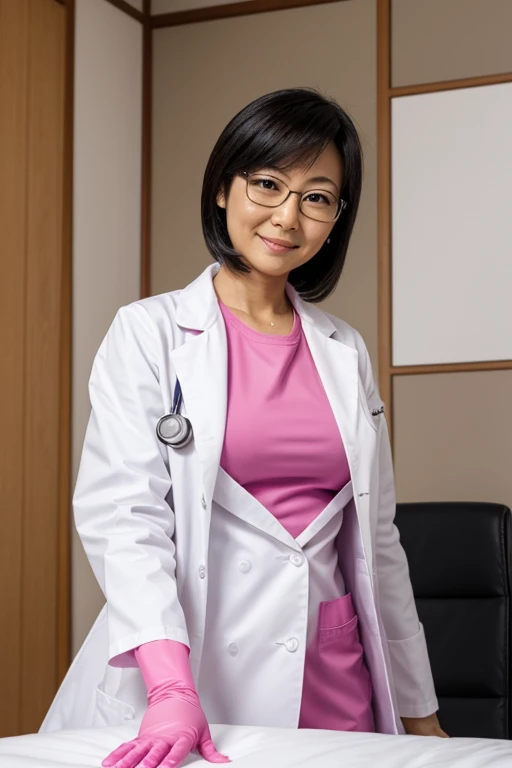 Japanese black-haired, glasses-wearing mature female doctor wearing a white coat and pink rubber gloves stroking a penis