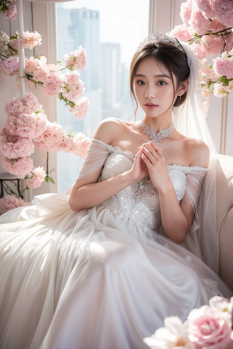 (best quality,High resolution,ultra-detailed),1 girl,asian girl,White wedding dress,(Between the petals),fantasy style,soft light,detailed,dreamy colors,elegant posture