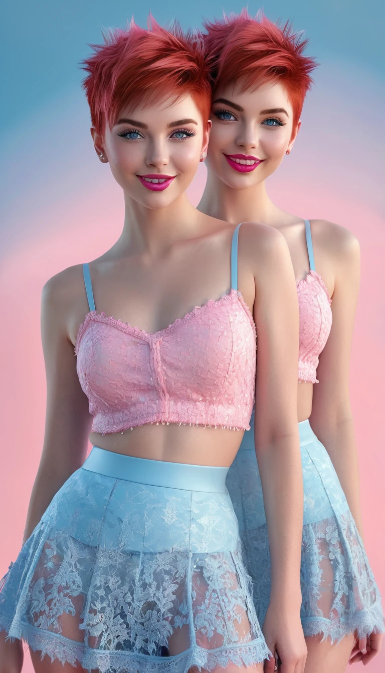 a slight smiling sexy twins with cute short spiky red hair in a middle part with side bangs. she has ice-blue eyes and pale pink lips and cheeks. she is wearing an pink lacy camisol top and blue skirt, she is so pretty. digital art preset, fullbody, moonlight background,