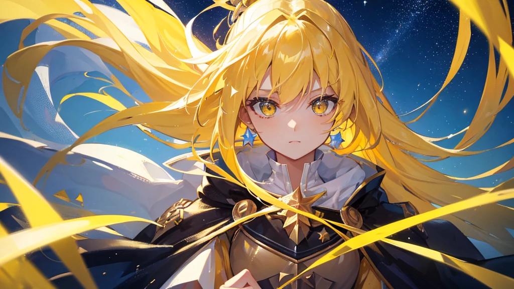 beautiful girl, yellow hair, yellow eyes,star clip, long hair, yellow royal clothes, start sky, 8k resolution, sky, galaxy