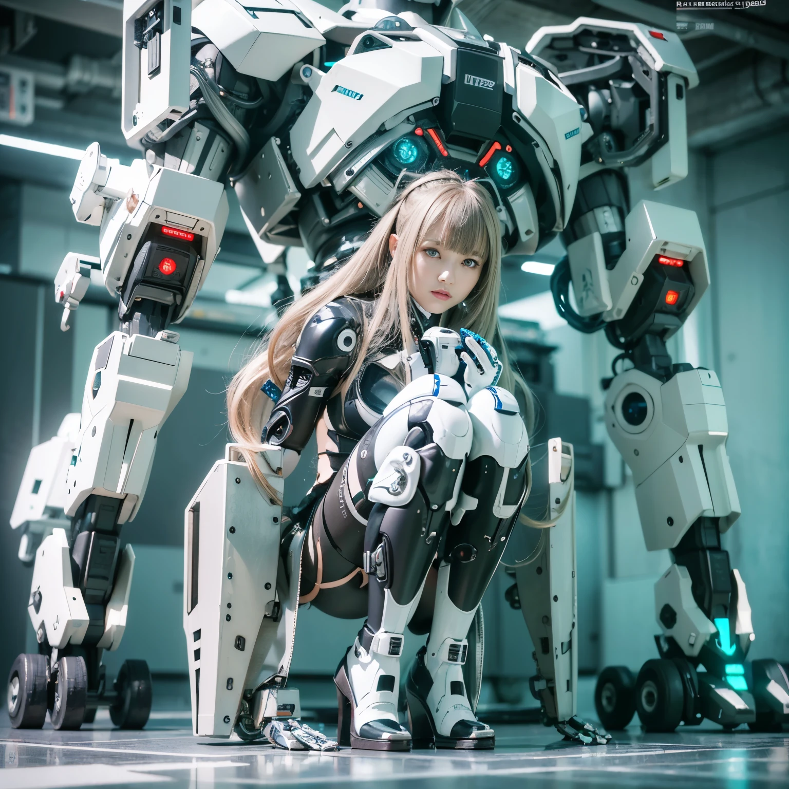 masterpiece, best quality(:1.2), extremely ultra detailed, Japanese android girl,Plump,control panels,Squat,Mechanical Hand,Robot arms and legs, black sponge joints,blunt bangs,white robot body,ceramic body,white long boots,perfect cyborg girl,charging spot,She is charging now,blue eyes, extremely ultra real texture, human-like skin, realistic hair, realistic metal texture, professional lighting, (RAWphoto), photorealistic,extremely intricate details