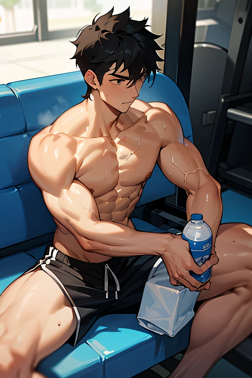 shirtless, super muscular, sweat-drenched body, 22-year old short black hair handsome caucasian male wearing white gym shorts, resting on the bench, holding a bottled water, sweating in the gym