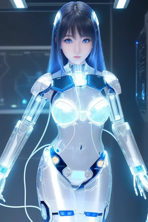 (highest quality, High resolution, masterpiece:1.2), Super detailed, realistic:1.37, (perfect anatomy),1 girl,cowboy shot,full body portrait,Inside a robotized operating room,(Lots of cables:1.1),Lots of tubes,monitor screen,close-up of woman, Cute and perfectly beautiful Japanese idols, 26 year old female model、Modified into a cute cyborg,, (blue led eyes:1.1), (clear glass body:1.5), (A clear view of the electronic systems in the body.:1.4), Detailed connection lines, Wires and cables connecting to the head, cybernetics, cyber punk, intricate decorative details, Android factory in the background, master piece, full body shot