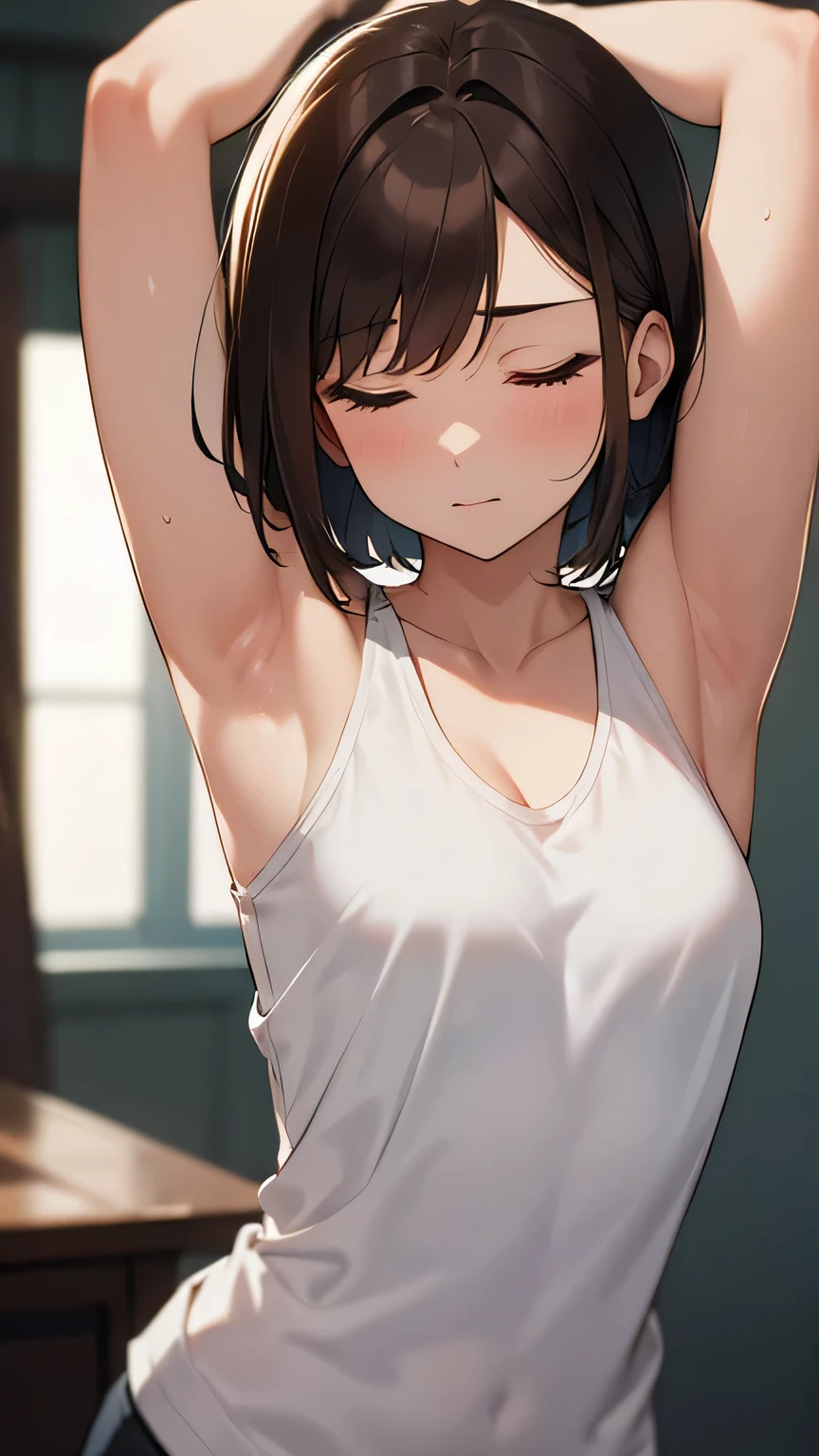 make a close up side view, wearing tank tops, sweaty body, full of sweat, medium breast, mole, sweaty armpits, steam, hairy
