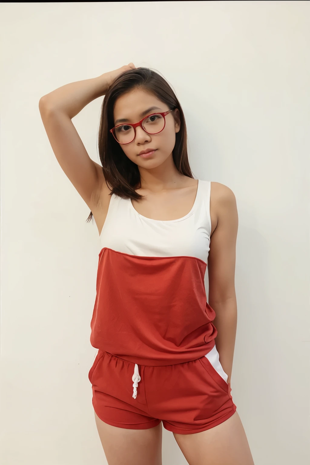 Girl, cotton shorts red and white tank top, full body, indonesian face, glasses