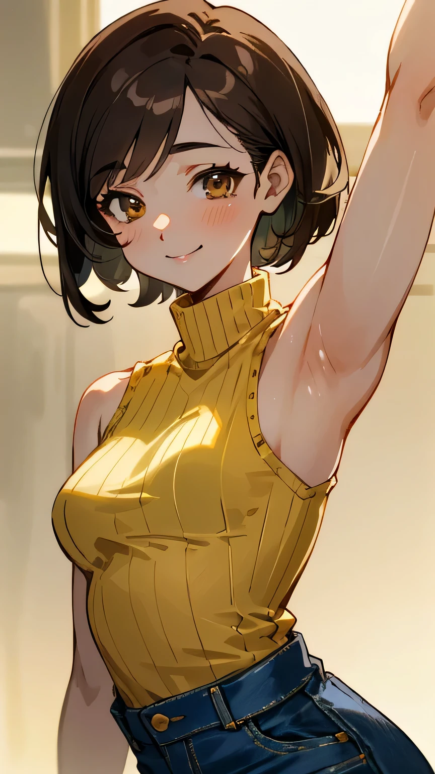 (Best quality, dynamic lighting, highly detailed, HDR, 8K) Brown haired young woman, mature, beautiful, bob hair, brown eyes, chubby, small to medium breasts, yellow knitted sleeveless turtleneck, high waisted denim pants,, smiling.