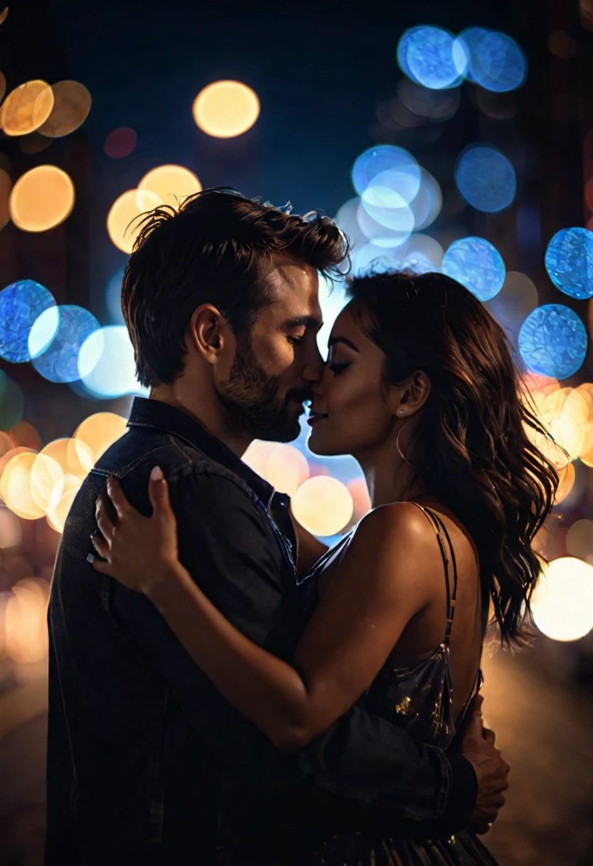hyper realistic close-up image, dark silhouette of a couple affectionately hugged at night, bokeh light effects, lens flare effects, on a great city, 8k resolution, dramatic lighting, depht blur , greg rutkowsky style, raw photo