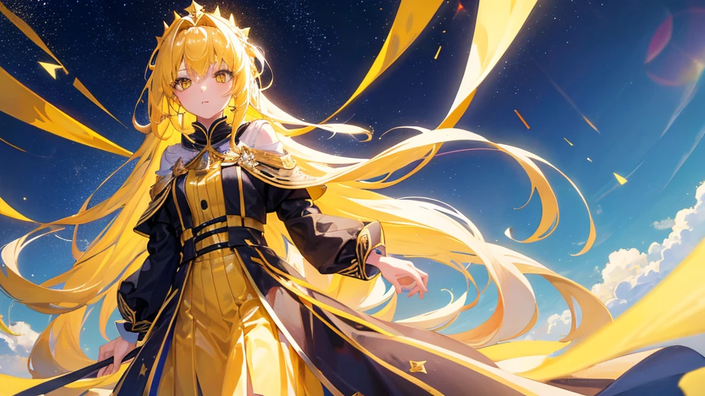 beautiful girl, yellow hair, yellow eyes,star clip, long hair, yellow royal clothes, start sky, 8k resolution, sky, galaxy 