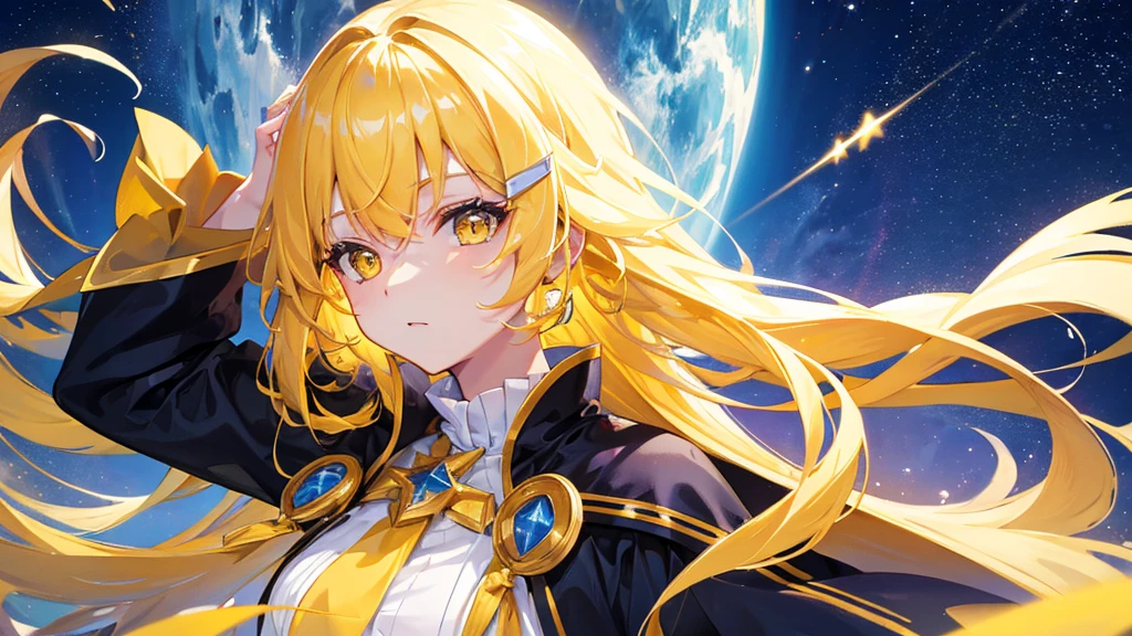 beautiful girl, yellow hair, yellow eyes,star clip, long hair, yellow royal clothes, start sky, 8k resolution, sky, galaxy