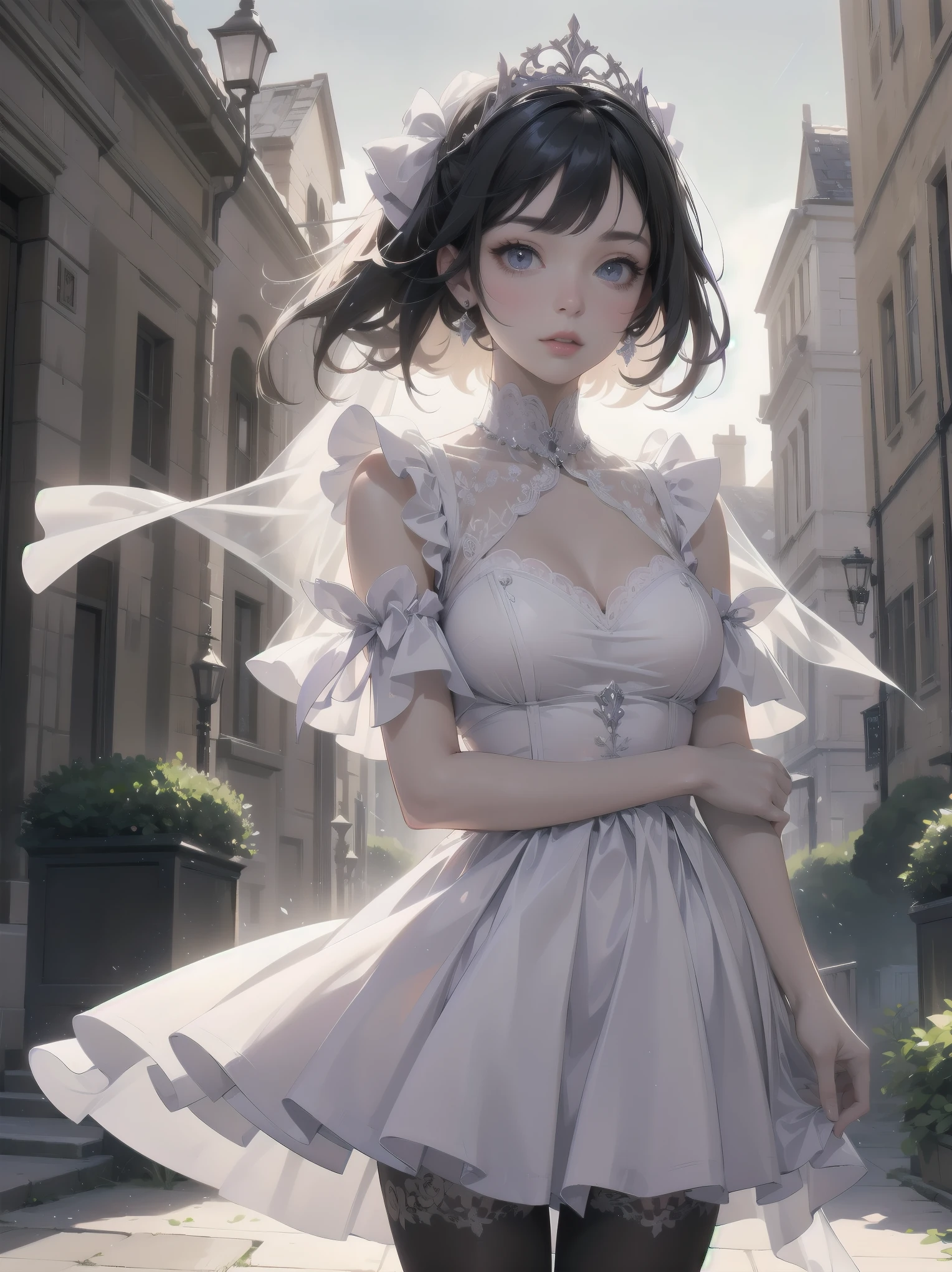 bride: wedding ring shining on ring finger Fusion of medieval European fashion Emphasis on elements of cuteness and adoration Posed illustration of the overwhelming cuteness of the character in the foreground Overwhelming architectural and cityscape background Ultra-detailed, rich, contemporary interpretation of medieval Europe and fantasy world Realistic textures, Professional artistic shading and light sources, scene-like cinematography and effects, depth of subject One beautiful girl, super cute, bob cut, side ponytail, perfect anatomy
Colours: pastel, white, pale purple, blue, gingham check
Materials: chiffon, lace, satin, velvet, etc. Silhouette: fluffy skirt, A-line, long length
Decoration: frills, ribbons, lace, pearls, embroidery etc. Coordinates Romantic princess: pastel dress, lace blouse, fluffy skirt, ribbon hair accessory, black tights Add accessories and accessories to personalise.