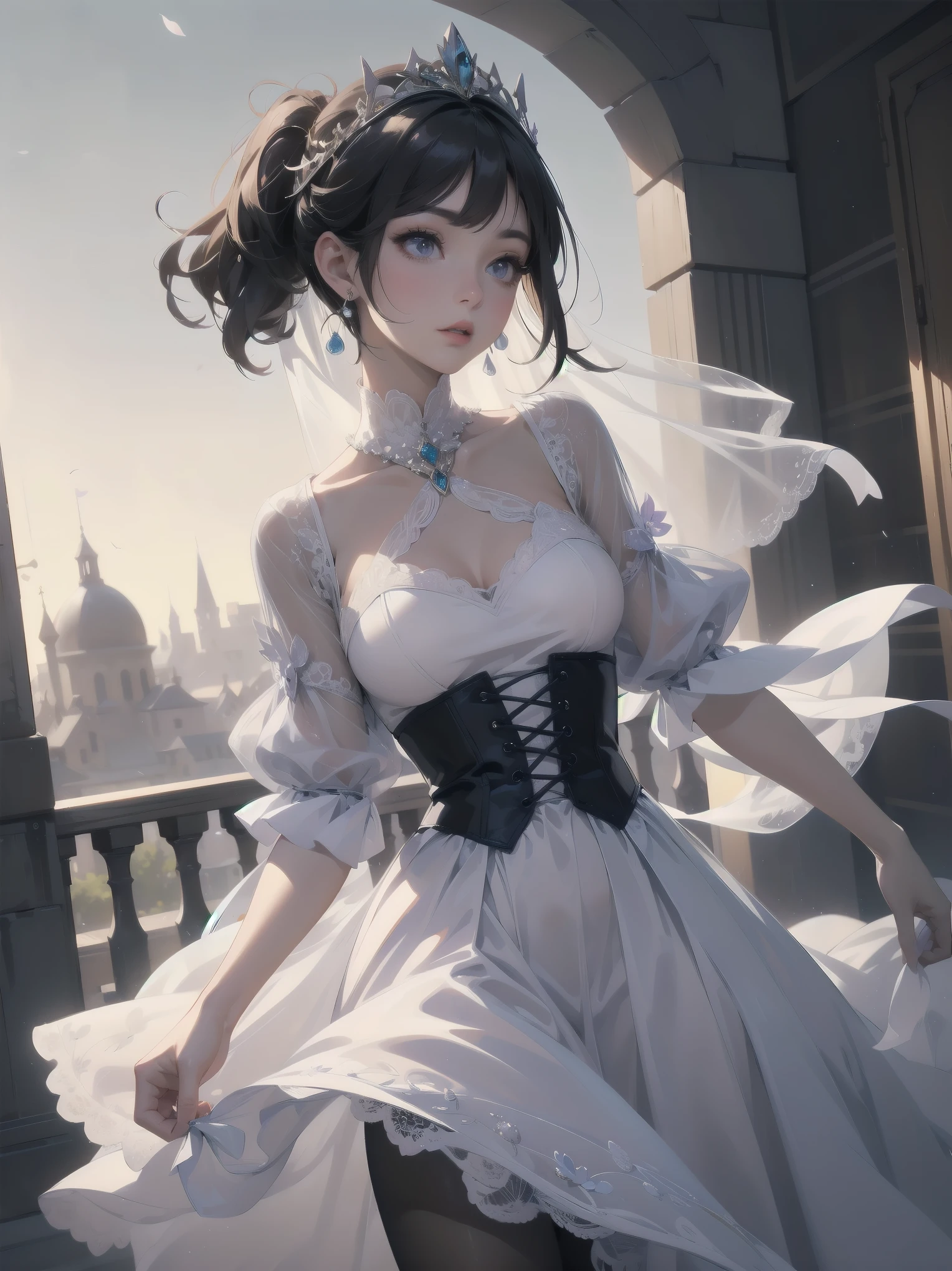 bride: wedding ring shining on ring finger Fusion of medieval European fashion Emphasis on elements of cuteness and adoration Posed illustration of the overwhelming cuteness of the character in the foreground Overwhelming architectural and cityscape background Ultra-detailed, rich, contemporary interpretation of medieval Europe and fantasy world Realistic textures, Professional artistic shading and light sources, scene-like cinematography and effects, depth of subject One beautiful girl, super cute, bob cut, side ponytail, perfect anatomy
Colours: pastel, white, pale purple, blue, gingham check
Materials: chiffon, lace, satin, velvet, etc. Silhouette: fluffy skirt, A-line, long length
Decoration: frills, ribbons, lace, pearls, embroidery etc. Coordinates Romantic princess: pastel dress, lace blouse, fluffy skirt, ribbon hair accessory, black tights Add accessories and accessories to personalise.