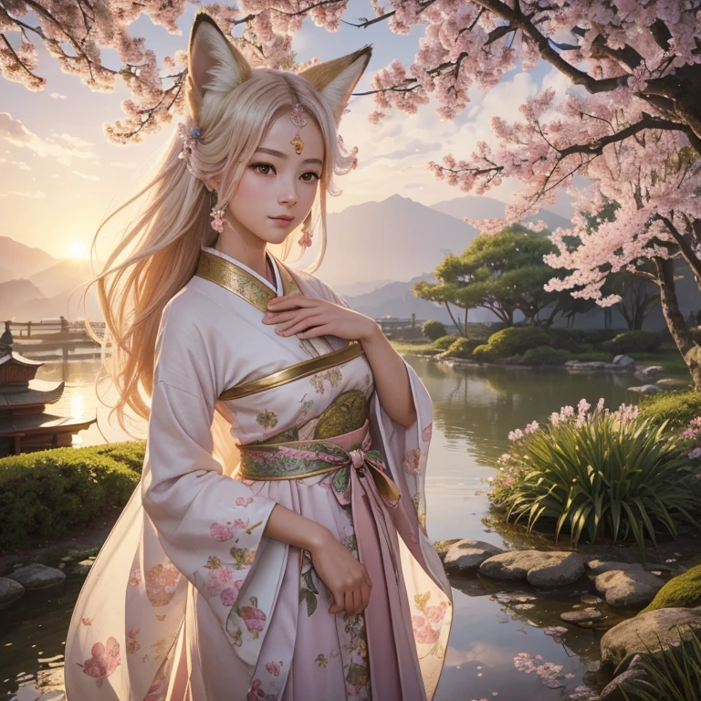 (best quality,4k,8k,highres,masterpiece:1.2),ultra-detailed,(realistic,photorealistic,photo-realistic:1.37),portraits,pastel colors,soft lighting,fantasy atmosphere,girl with fox ears and tail,peaceful garden setting,golden sunset,flowing cherry blossom trees,pagoda in the background,serene expression,traditional Japanese clothing,kawaii style,subtle makeup,divine aura,spiritual charm,gleaming fox mask,captivating gaze,delicate floral patterns,serene peacefulness,pure innocence,ethereal beauty,harmonious blend of nature and culture,gentle breeze rustling through the leaves,whisper of enchantment,symbol of tranquility]