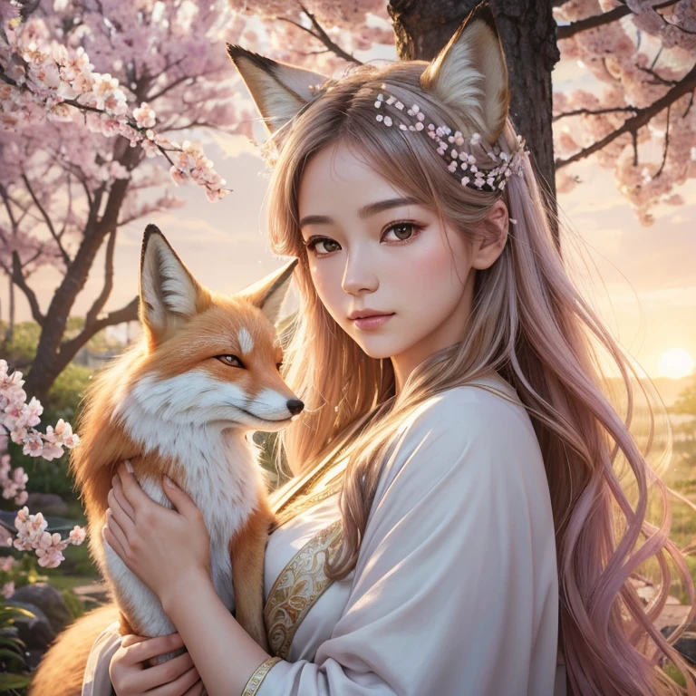 (best quality,4k,8k,highres,masterpiece:1.2),ultra-detailed,(realistic,photorealistic,photo-realistic:1.37),portraits,pastel colors,soft lighting,fantasy atmosphere,girl with fox ears and tail,peaceful garden setting,golden sunset,flowing cherry blossom trees,pagoda in the background,serene expression,traditional Japanese clothing,kawaii style,subtle makeup,divine aura,spiritual charm,gleaming fox mask,captivating gaze,delicate floral patterns,serene peacefulness,pure innocence,ethereal beauty,harmonious blend of nature and culture,gentle breeze rustling through the leaves,whisper of enchantment,symbol of tranquility]