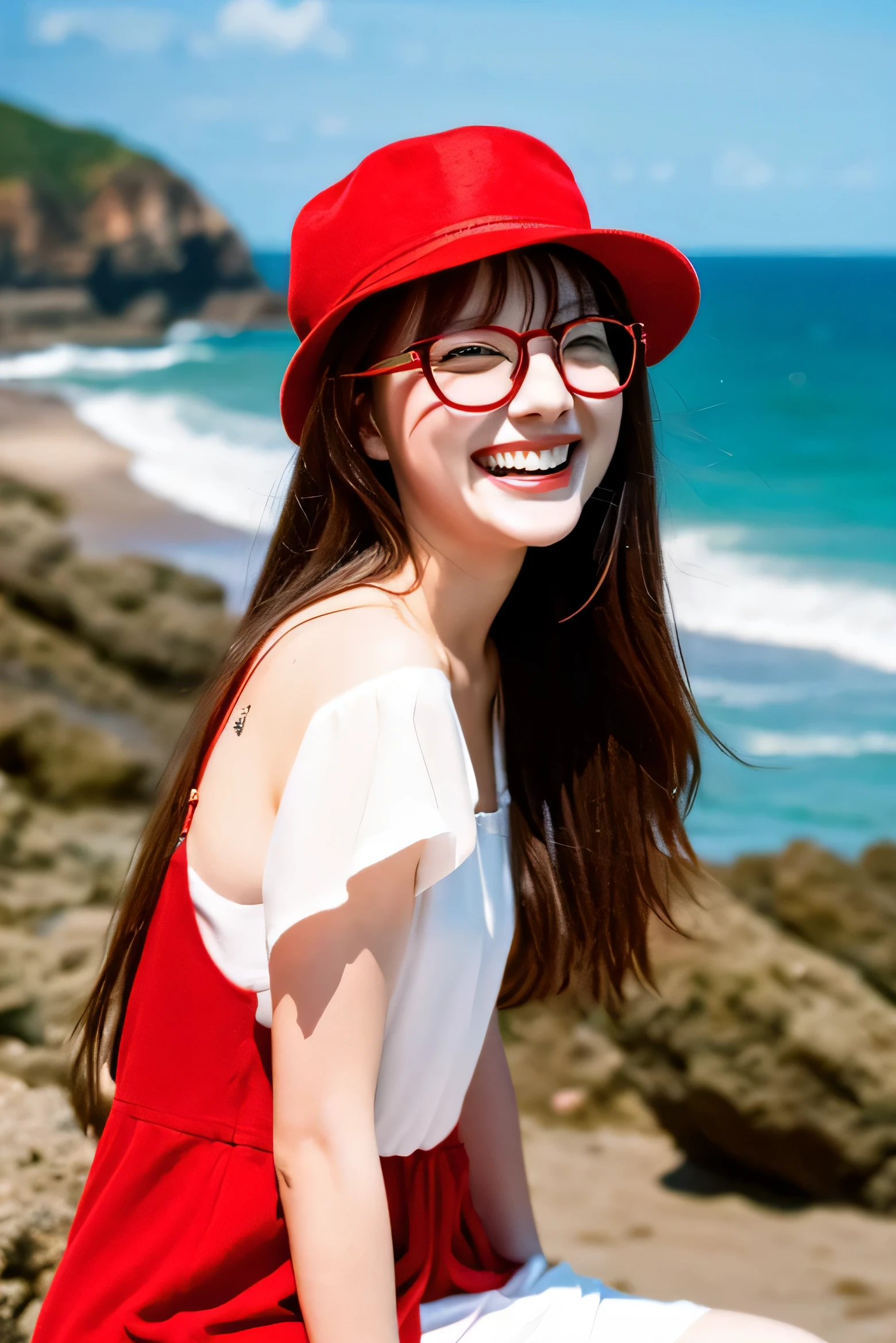 A girl in her twenties wearing a red hat and glasses。laughing。The background is the coast。