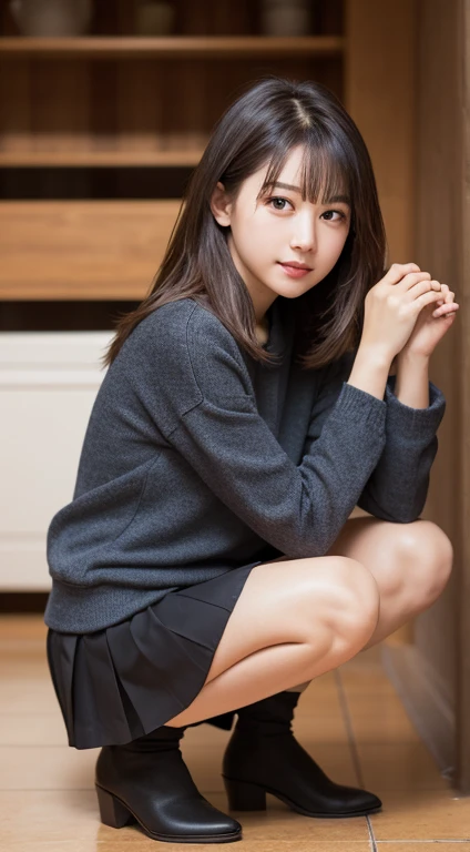 (happy expression:1.26)、RAW photo、(((Ultimate beauty full body photo shoot)))、((glowing skin))、1 girl、17 year old beautiful girl from Prague、bright look、((brown haired))、Girl wearing a sweatshirt、pleated skirt、View from the floor、(long stockings or pantyhose)、(Upskirt)、legs open、squat、counter point shot、((super detailed))、(perfectly detailed face)、(detailed hands)、photorealistic imageasterpiece、最high quality、super detailed、film light、intricate details、High resolution、very detailed))、detailed background、8KUHD、Digital single-lens reflex camera、soft light、high quality、film grain、Fujifilm XT3 、shallow depth of field、natural soft light、Kamimei、