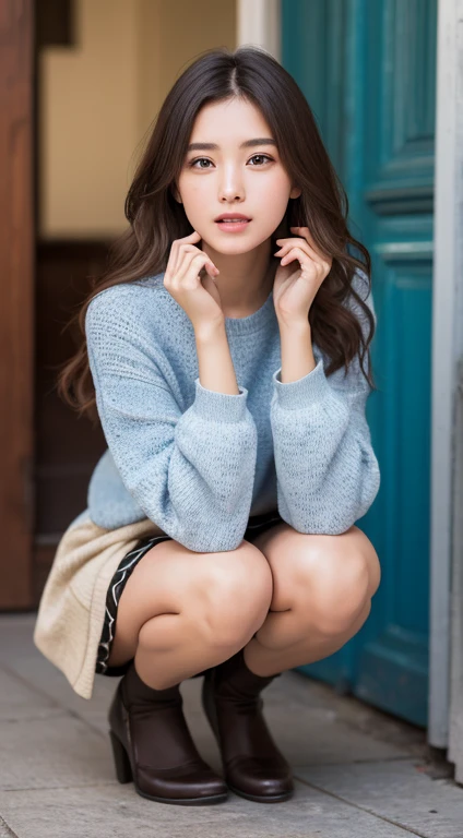 (happy expression:1.26)、RAW photo、(((Ultimate beauty full body photo shoot)))、((glowing skin))、1 girl、17 year old beautiful girl from Prague、bright look、((brown haired))、Girl wearing a sweatshirt、pleated skirt、View from the floor、(long stockings or pantyhose)、(Upskirt)、legs open、squat、counter point shot、((super detailed))、(perfectly detailed face)、(detailed hands)、photorealistic imageasterpiece、最high quality、super detailed、film light、intricate details、High resolution、very detailed))、detailed background、8KUHD、Digital single-lens reflex camera、soft light、high quality、film grain、Fujifilm XT3 、shallow depth of field、natural soft light、Kamimei、