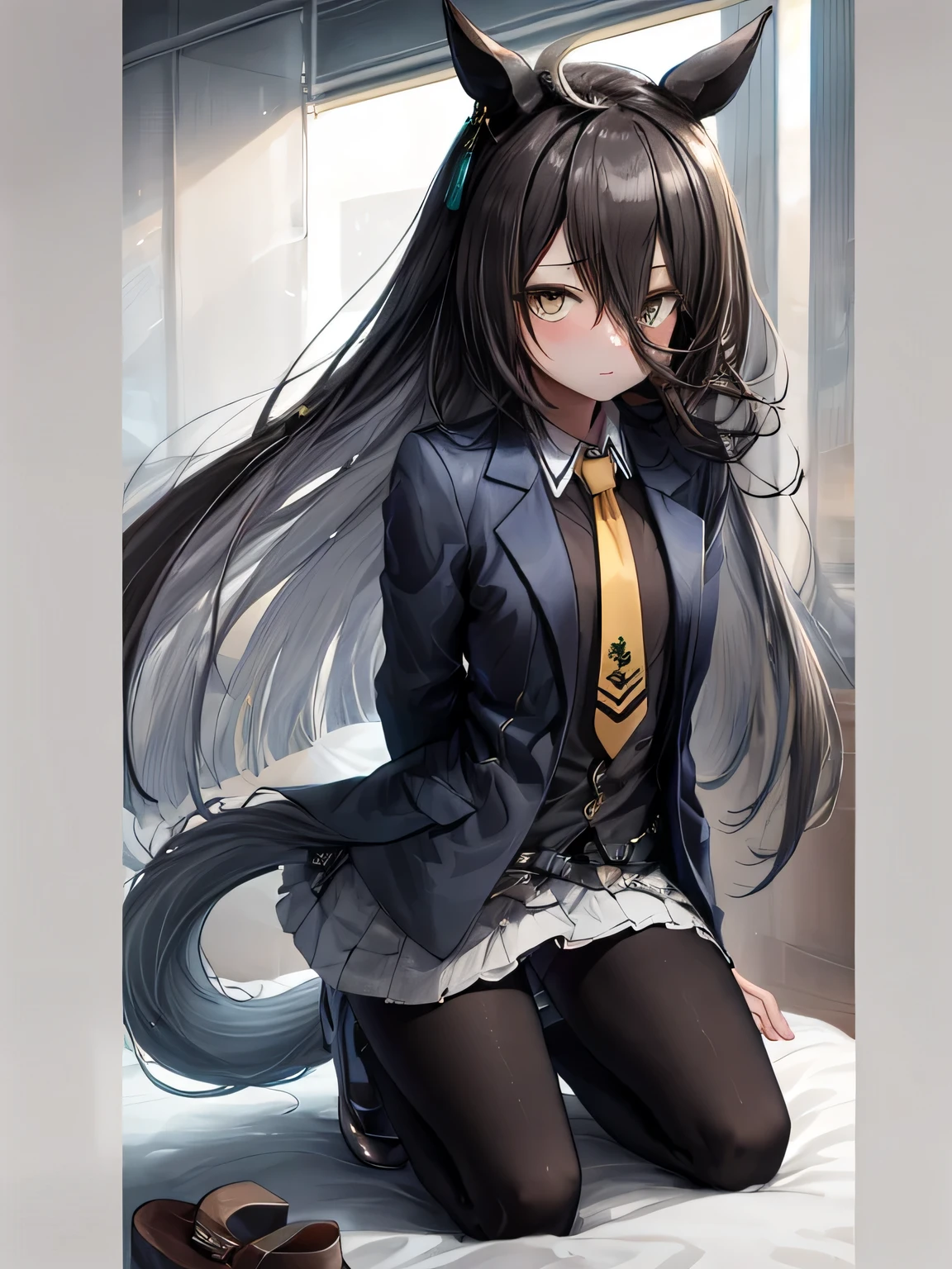 UHD, masterpiece, textured skin, super detail, high details, high quality, award winning, best quality, highres,NSFW,manhattan cafe,manhattan cafe(racing wear),Uma Musume,horse ears,hair_between_eye,black pantyhose,length_hair, black_hair, black Gloves,yellow_eye,Ahoge,tie,black_Jacket,skirt,black_footwear,all-fours、s ass、facing back,on the bed