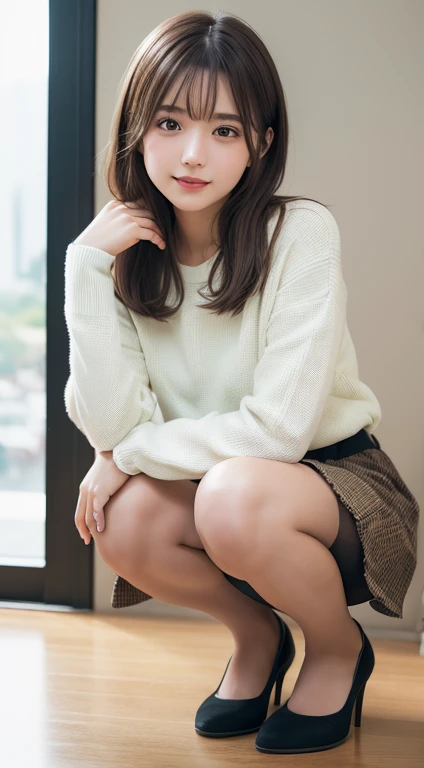 (happy expression:1.26)、RAW photo、(((Ultimate beauty full body photo shoot)))、((glowing skin))、1 girl、 beautiful girl from Prague、bright look、((brown haired))、Girl wearing a sweatshirt、pleated skirt、View from the floor、(long stockings or pantyhose)、(Upskirt)、legs open、squat、counter point shot、((super detailed))、(perfectly detailed face)、(detailed hands)、photorealistic imageasterpiece、最high quality、super detailed、film light、intricate details、High resolution、very detailed))、detailed background、8KUHD、Digital single-lens reflex camera、soft light、high quality、film grain、Fujifilm XT3 、shallow depth of field、natural soft light、Kamimei、