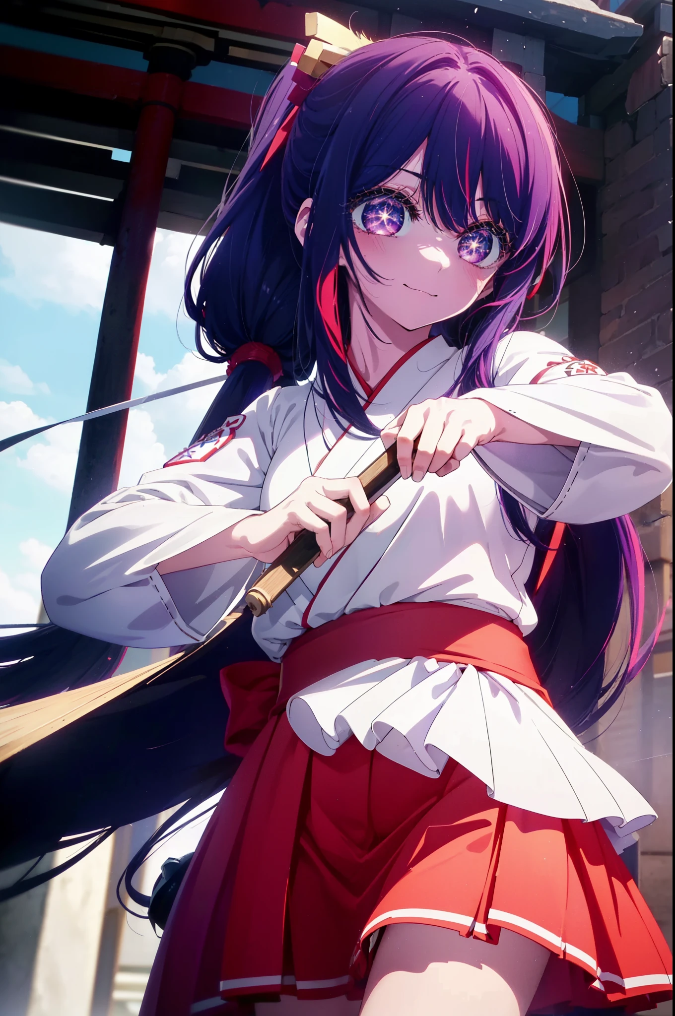 aihoshino, Ai Hoshino, long hair, bangs, (purple eyes:1.1), purple hair, (pupil in the shape of a symbol:1.5),happy smile, smile, open your mouth,Platycodon grandiflorum,Miko, white kimono, red hakama,White tabi kimono, same as skirt, wide sleeve, long sleeve, とてもlong hair, 鈍いbangs, low ponytail,
break outdoors, shrine,torii,
break looking at viewer, (cowboy shot:1.5),
break (masterpiece:1.2), highest quality, High resolution, unity 8k wallpaper, (figure:0.8), (detailed and beautiful eyes:1.6), highly detailed face, perfect lighting, Very detailed CG, (perfect hands, perfect anatomy),