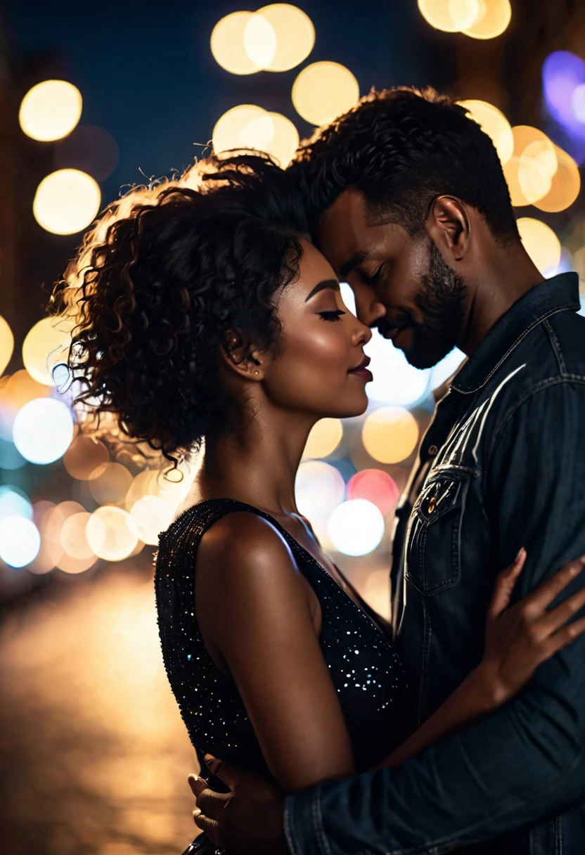 hyper realistic close-up image, dark silhouette of a couple affectionately hugged  at night, bokeh light effects, lens flare effects, on a great city, 8k resolution, dramatic lighting, depht blur , greg rutkowsky style, raw photo