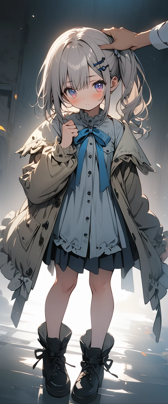 ((masterpiece)), ((highest quality)), ((High resolution)), ((Highly detailed CG integrated 8k wallpaper)), (side pony tail and long blond hair and orange eyes), beige blazer, and thin red ribbon across chest and whi(short bob silver hair, dark blue eyes), white blazer, big blue ribbon on the chest, cute, (one person), white blubbery coat, (full body), ((masterpiece, top quality, very detailed)), anime, girl, skirt , te ruffled coat, (short silver hair, indigo eyes), white blazer and large light blue ribbon across chest, close friends, lovers, two people, masterpiece, best quality, extremely detailed, anime, girl, skirt , fantastic midnighit , dreamy, Two hairpins in the front, ((tilt one's head, View from the front:1.2)), ((squat with legs apart)),