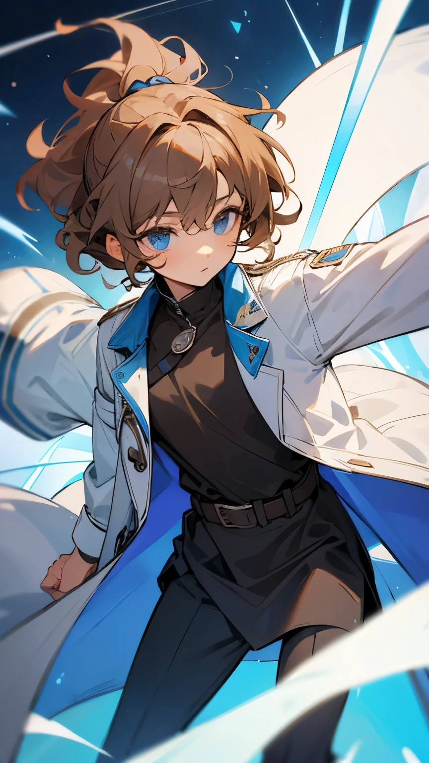 Alchemist,Age unknown,Unknown gender,Light brown, curly hair,Hair tied in two ponytails,dark blue eyes,lightly dressed,White coat-like jacket,floating in the air