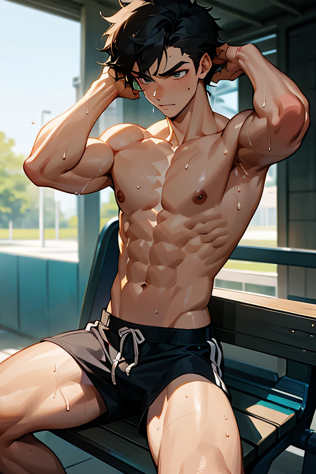 shirtless, super muscular, sweat-drenched body, 22-year old short black hair handsome caucasian male wearing white gym shorts, resting on the bench, hands on the head showing underarms, sweating in the gym