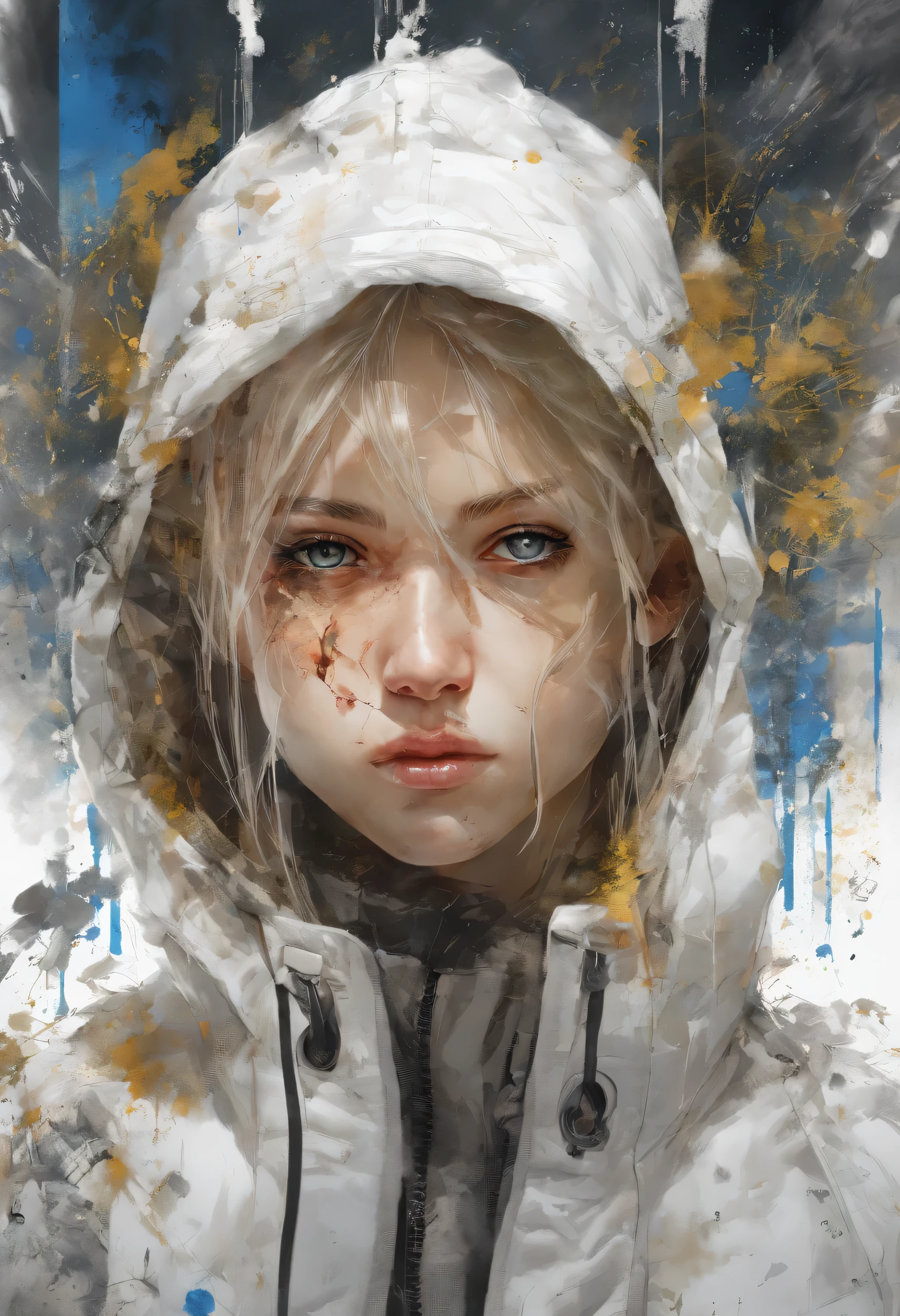 Perfect alignment, white coat, paint trails, paint dirt, dirty art, black and yellow paint, scratched, Crystals, daisy flower, yellow, blue eyes, sadness, long blonde hair, still position, abstract beauty, beautiful young girl with thin face, centered, looking at viewer, facing camera, sad empty face, thin, , broken glass, close to perfection, dynamic, highly detailed, smooth, sharp focus, 8k, high definition resolution, illustration, art by Yoji Shinkawa, Carne Griffiths and Wadim Kashin, white background