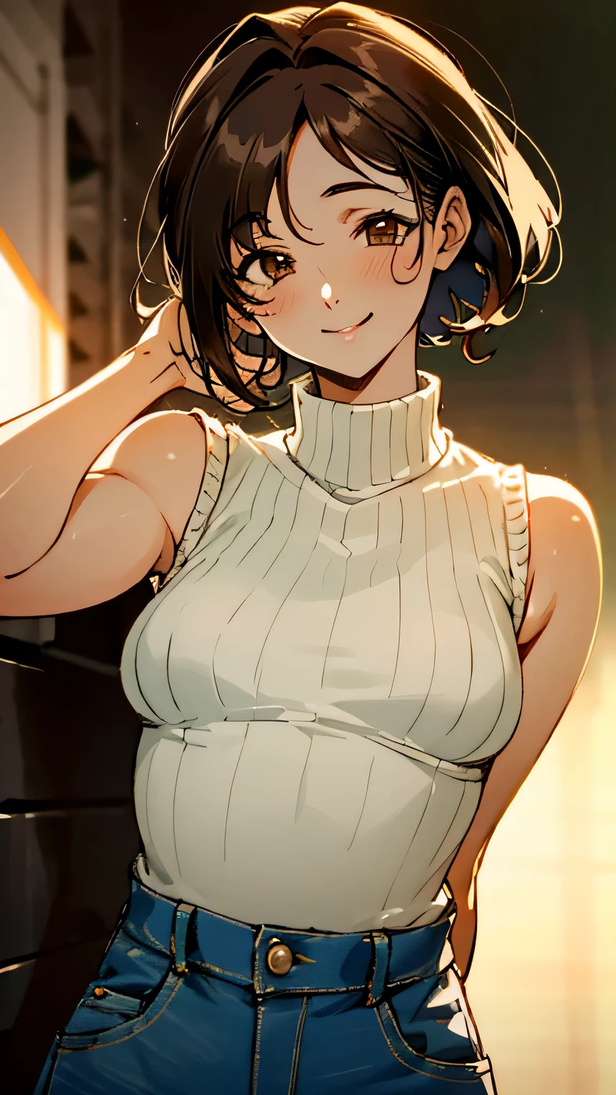masterpiece, best quality, 1girl, solo, adult, black hair, very short hair, brown eyes, hoop earrings, constricted pupils, sweater, choker, bare arms, black pencil skirt, large breasts, forced smile, looking at viewer, night club on backgroung, poor lighting