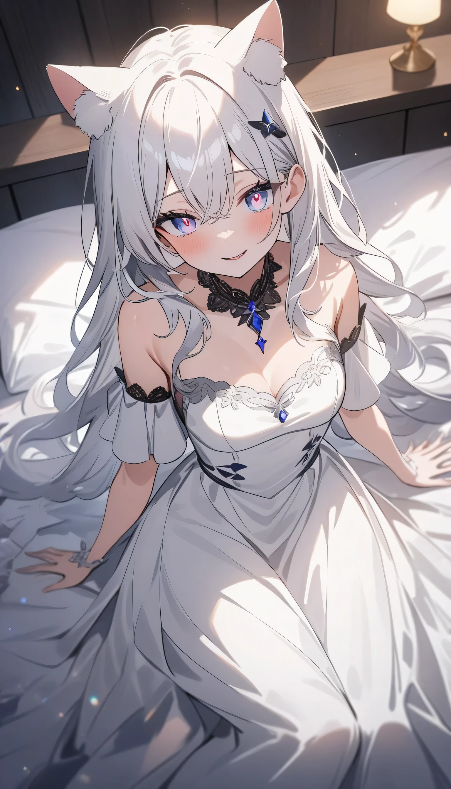 1girl in、A smile、A delightful!　Cute white dress、fluffly、dressing gown、（small tits）、Sleeping in large letters、Upper body portrait、