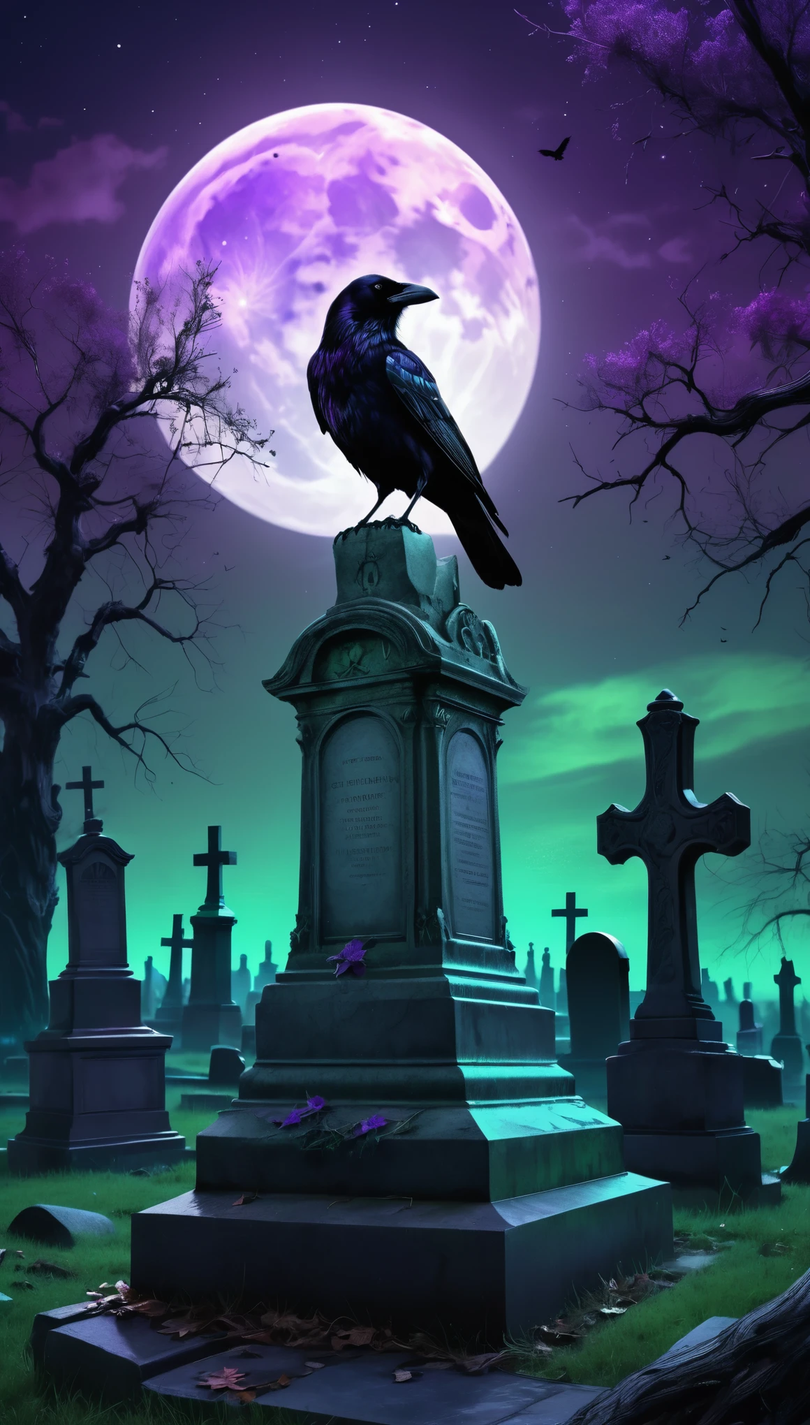 (best quality,8k,highres,masterpiece:1.2),(ultra-detailed,realistic:1.37),nighttime,in a cemetery,a crow perched on a tombstone surrounded by withered trees,the sky is purple with a eerie green glow emanating from the moon above,Close-up
