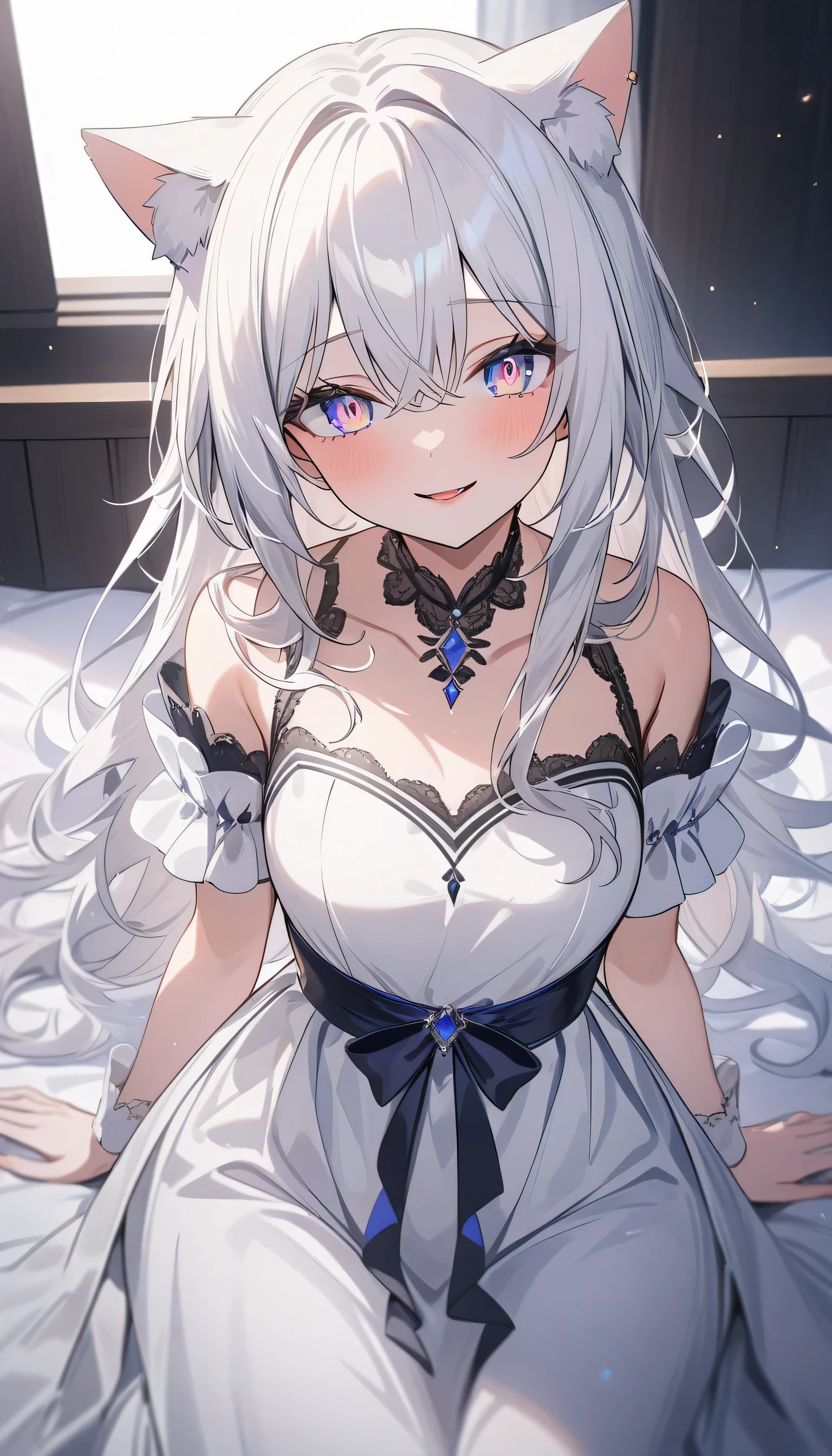 (highest quality、masterpiece、High resolution、detailed)、(Shining eyes、detailed beautiful face)、long hair anime girl sitting on bed, Cat ear, From the front of the girl, Cute anime wife in beautiful clothes, seductive anime girl, white haired god, exquisite details. in a dress, anime 4k 、dynamic angle、beautiful anime