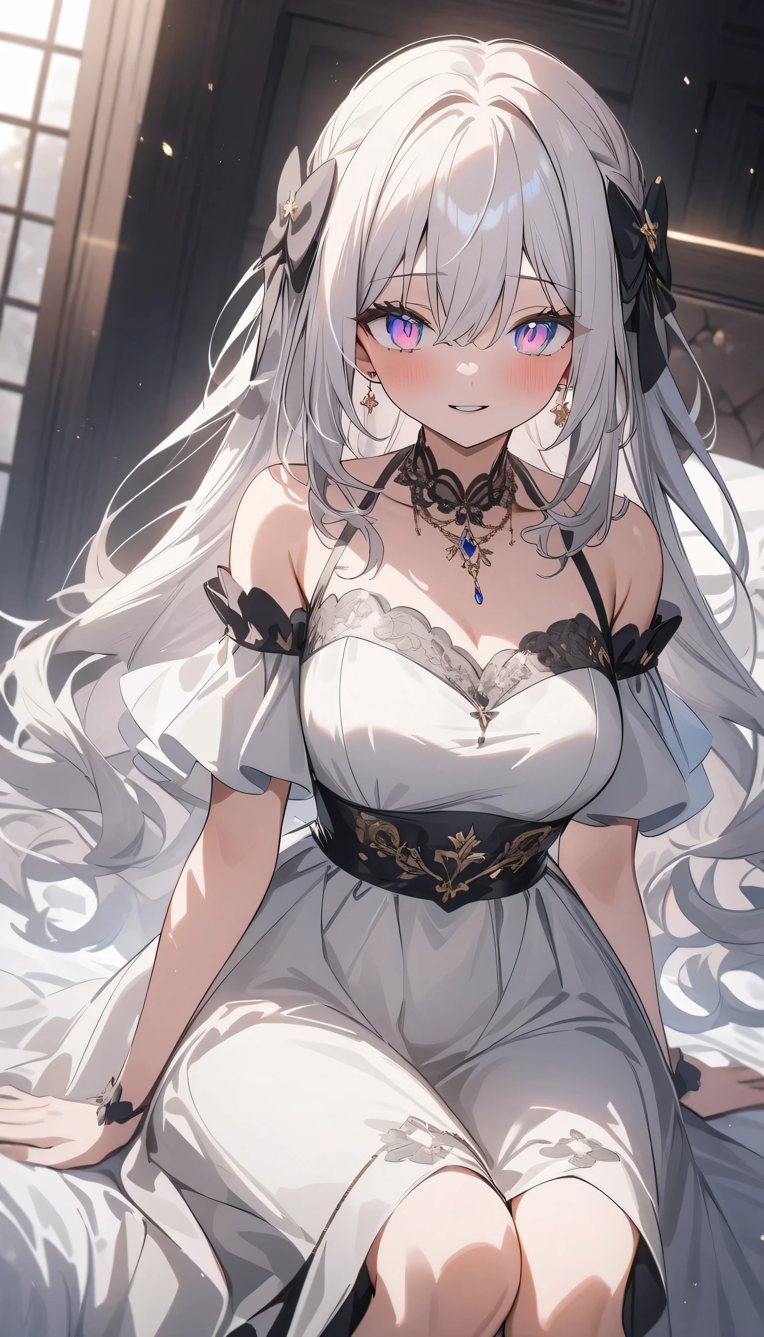 (highest quality、masterpiece、High resolution、detailed)､(Shining eyes、detailed beautiful face)､long hair anime girl sitting on bed, Cat ear, From the front of the girl, Cute anime wife in beautiful clothes, seductive anime girl, white haired god, exquisite details.  in a dress, anime 4k  、dynamic angle、beautiful anime