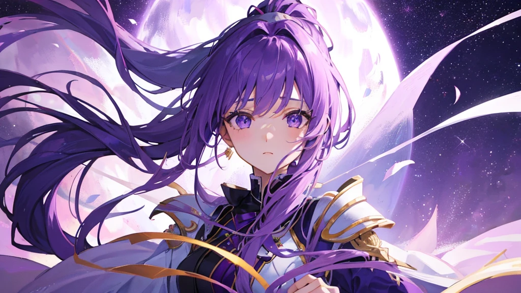 beautiful girl, purple hair, tape clip, long hair, two ponytail, purple and white royal clothes, start sky, 8k resolution, sky, galaxy