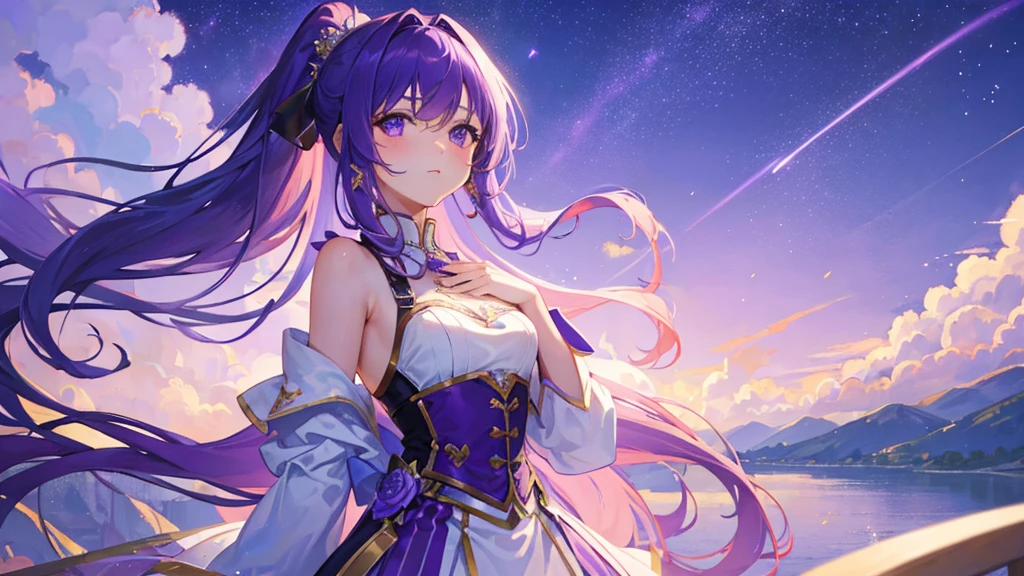 beautiful girl, purple hair, tape clip, long hair, two ponytail, purple and white royal clothes, start sky, 8k resolution, sky, galaxy