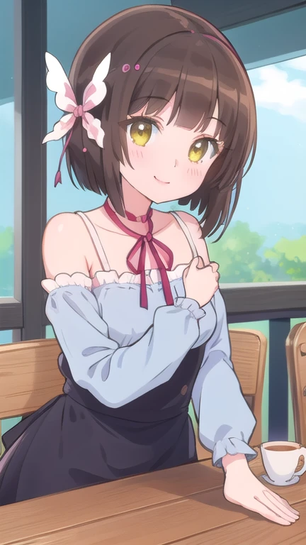 beautiful illustration, best quality, cute girl, upper body, (cafe), arms on table, long sleeves, neck ribbon, dark brown hair, smile