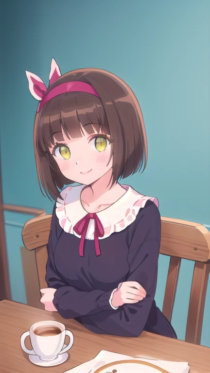 beautiful illustration, best quality, cute girl, upper body, (cafe), arms on table, long sleeves, neck ribbon, dark brown hair, smile