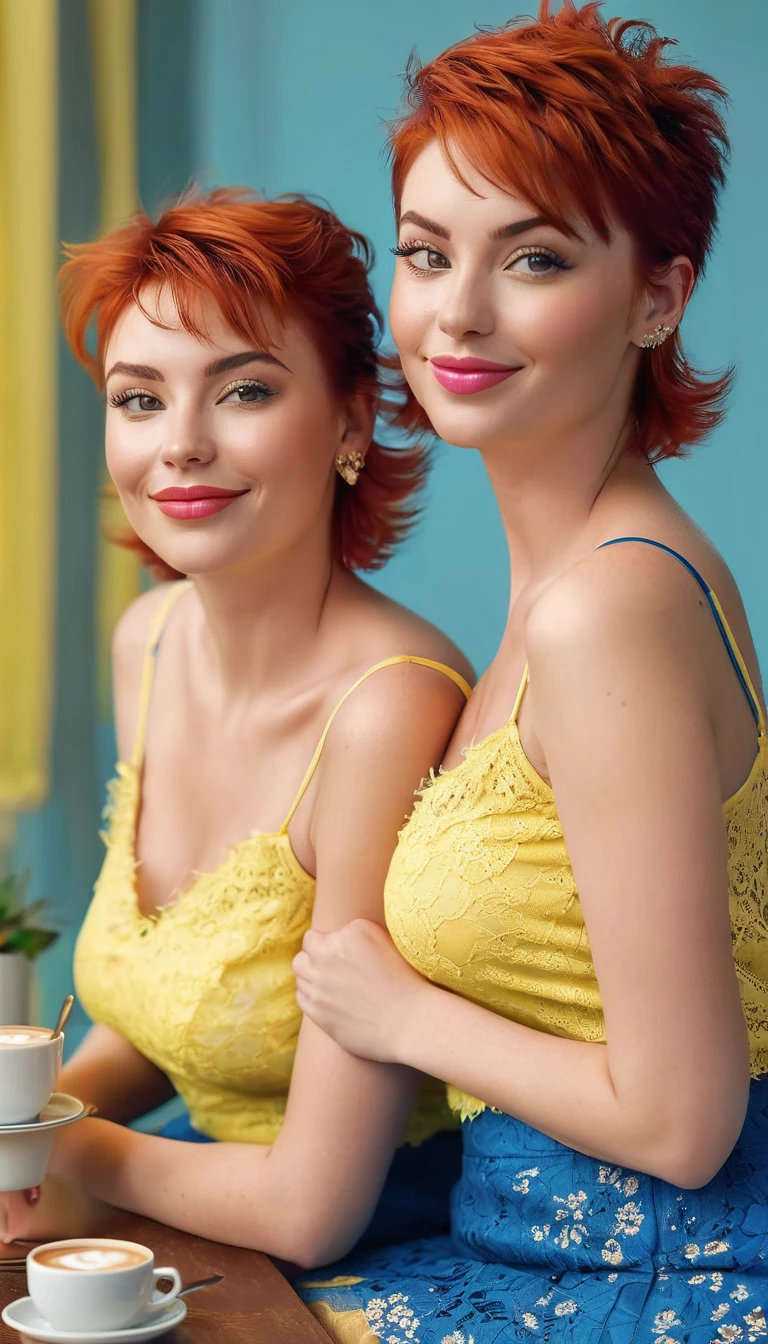 a slight smiling sexy twin mums with cute short spiky red hair in a middle part with side bangs. has sexy eyes and pale pink lips and cheeks. wearing an yellow lacy camisol top and blue skirt, so pretty. digital art preset, fullbody, moonlight background, sitting down taking coffee, cleavage